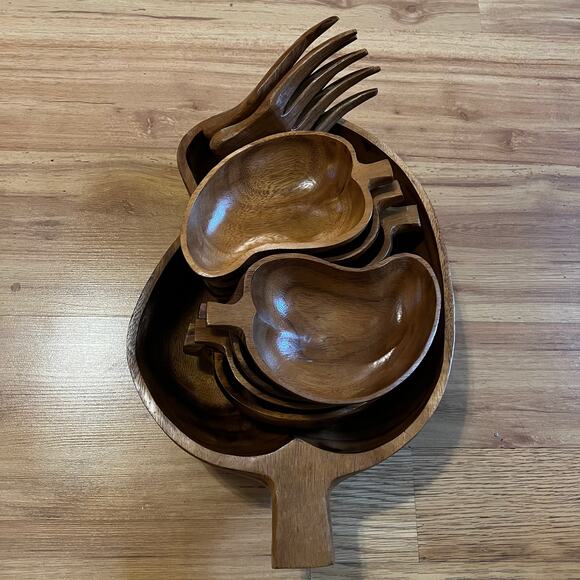 Vintage monkey pod wood salad bowl set-10 serving bowls natural wood kitchen MCM - Picture 11 of 11